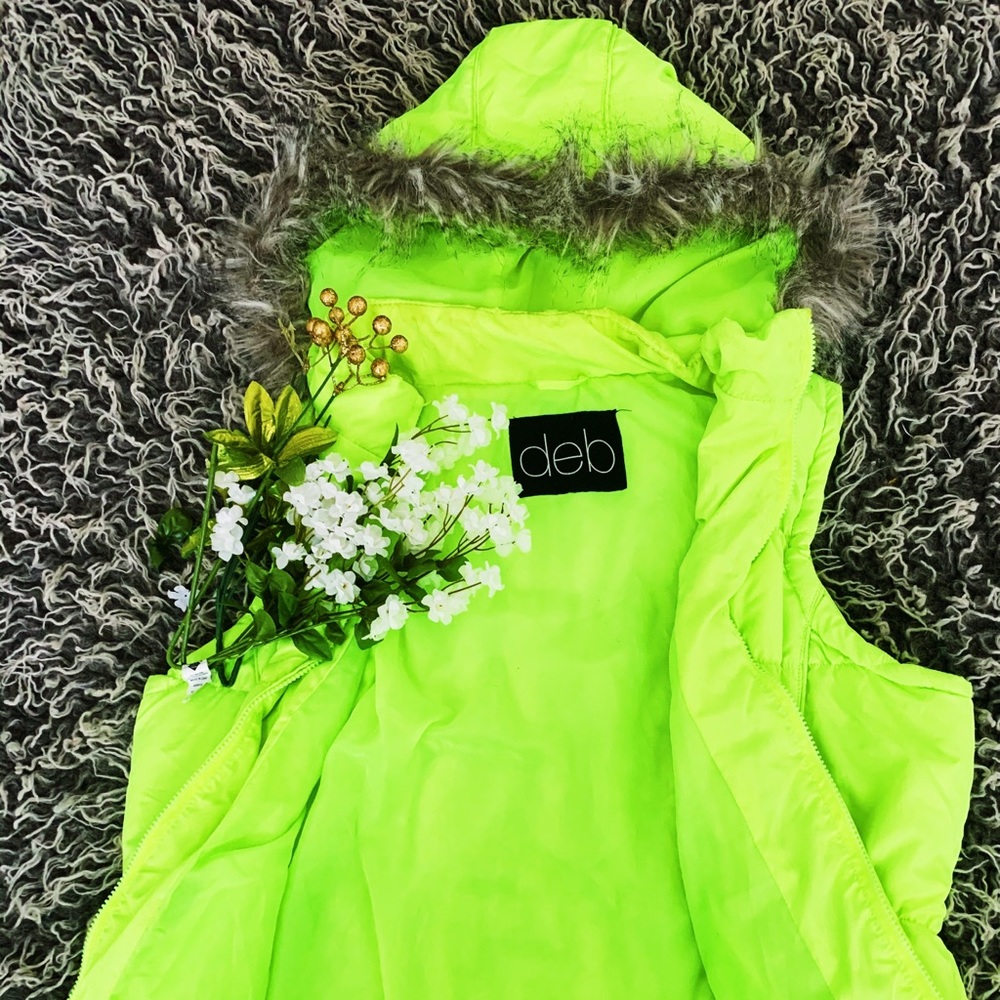 Neon Yellow Puffer Fur-Hooded DEB Vest💛